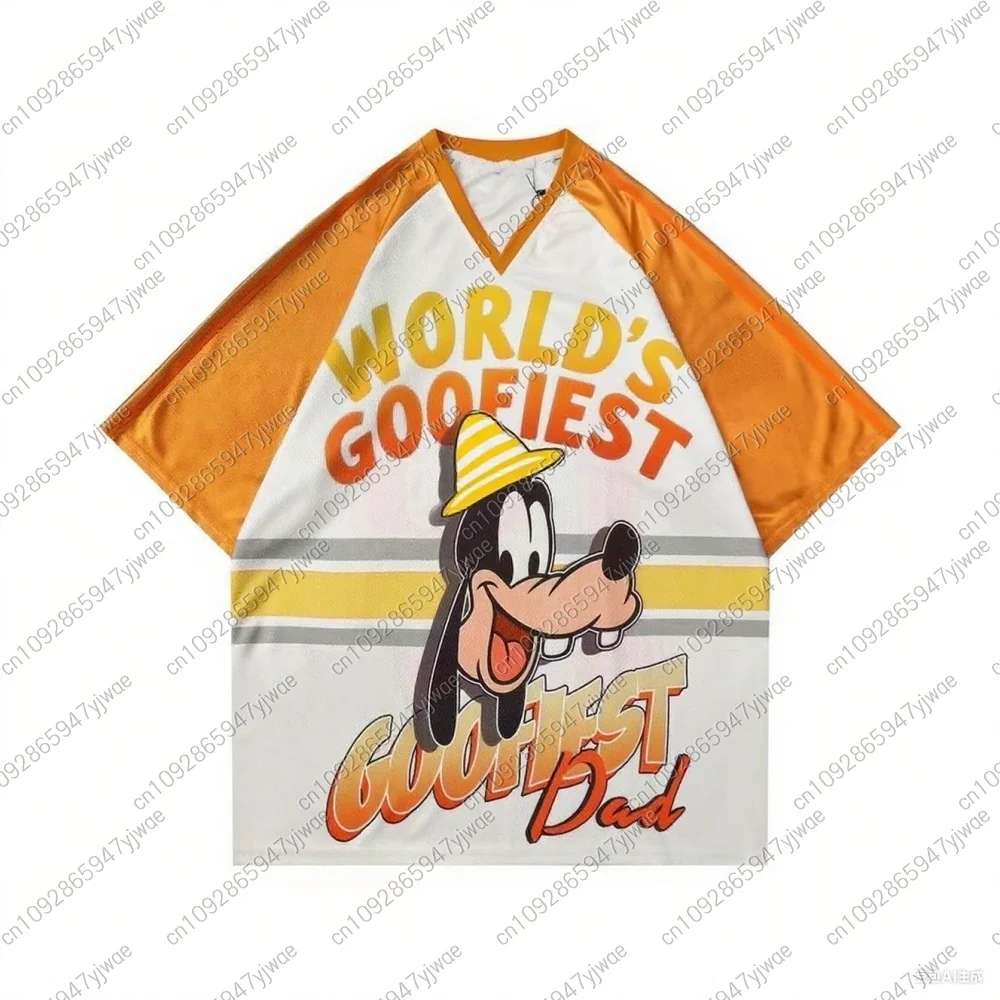 

2025 Women Cartoon DOG Print V-Neck Short Sleeve T-Shirt Summer Tee Baseball Jerseys Stripe Oversized Sport T-Shirt