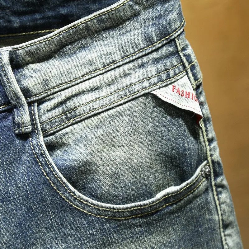 Street Fashion Men Jeans Retro Washed Blue Stretch Slim Fit Ripped Jeans Men Embroidery Designer Patched Vintage Denim Pants