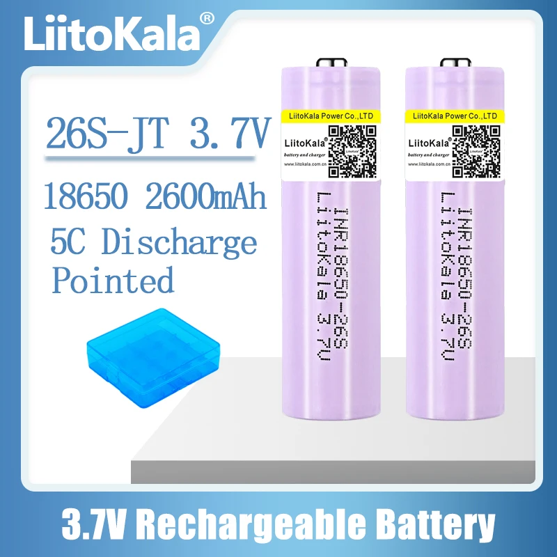 LiitoKala New Original 26S-JT 3.7v 2600mah 18650 26S 5C discharge Lithium Rechargeable Battery For Flashlight battery + Pointed