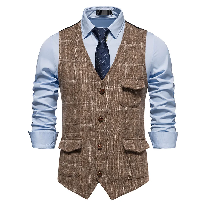 

Vintage Kahiki Plaid Herringbone Tweed Suit Vest Men 2023 Brand Casual Wool Blend Waistcoat Men Business Wedding Tuxedo Vests