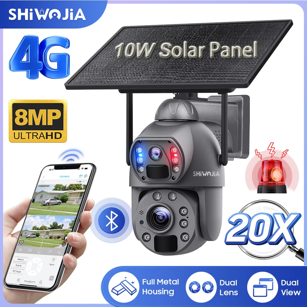 SHIWOJIA 20X ZOOM 4K 8MP Solar Camera 4G SIM/WIFI 10W Solar Panel Security Camera 20000mAh Battery Dual Lens Humanoid Tracking