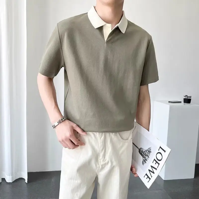 

Patchwork Contrasting Colors T-shirts Men's Clothing Chic Short Sleeve Summer Casual Turn-down Collar Basic Korean Polo Shirts