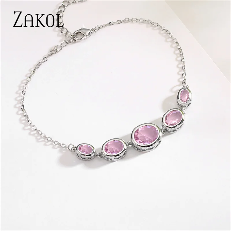 ZAKOL Romantic Pink Love Heart Zircon Bracelets for Women Fashion Geometry Crystal Light Blue Wedding Party Jewelry 2023 New