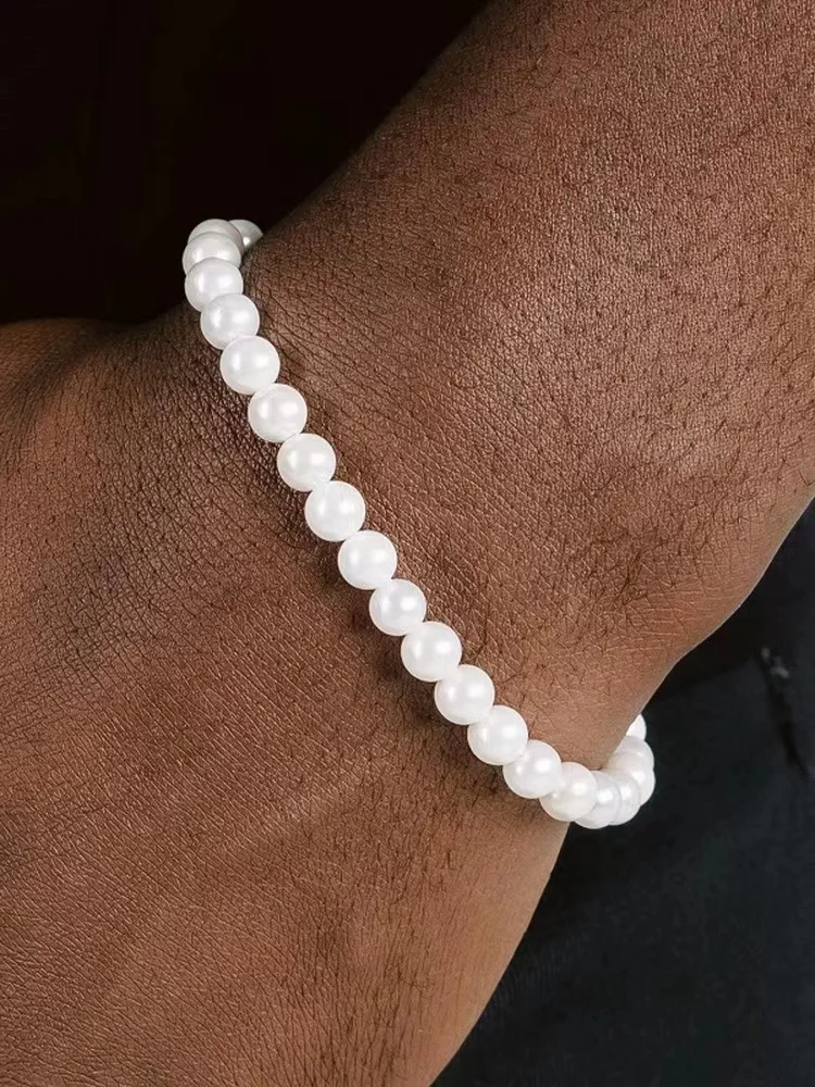 Hip Hop Imitation Pearls Bracelet For Men Vintage White ABS Acrylic Bead Women Bracelet  Rock Simple Street Party Jewelry