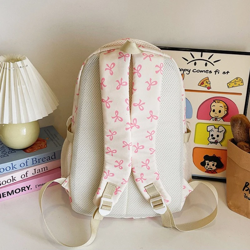 طقم نسائي جديد مكون من 3 قطع لعام 2025، طراز كوري، حقيبة ظهر عصرية للسفر بطباعة فيونكة، حقيبة مدرسية خفيفة الوزن وبسيطة للطلاب #5