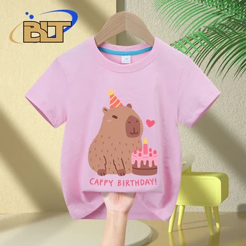 Süßes Capybara And Cake, Happy Cappy Birthday bedrucktes Kinder-T-Shirt aus reiner Sommer-Baumwolle mit kurzen Ärmeln für Jungen und Mädchen