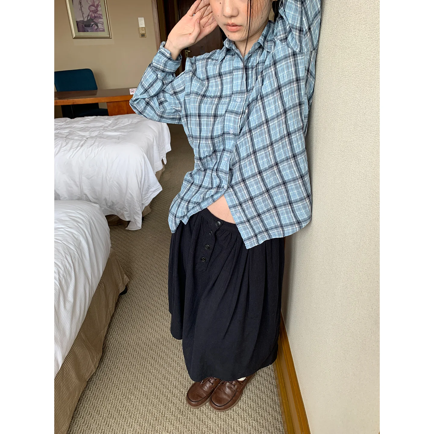 Retro Korean Style Midi Skirt Women's Loose A-Line Pleated Slimming Long Skirt Dark Blue Versatile Comfortable City Commute