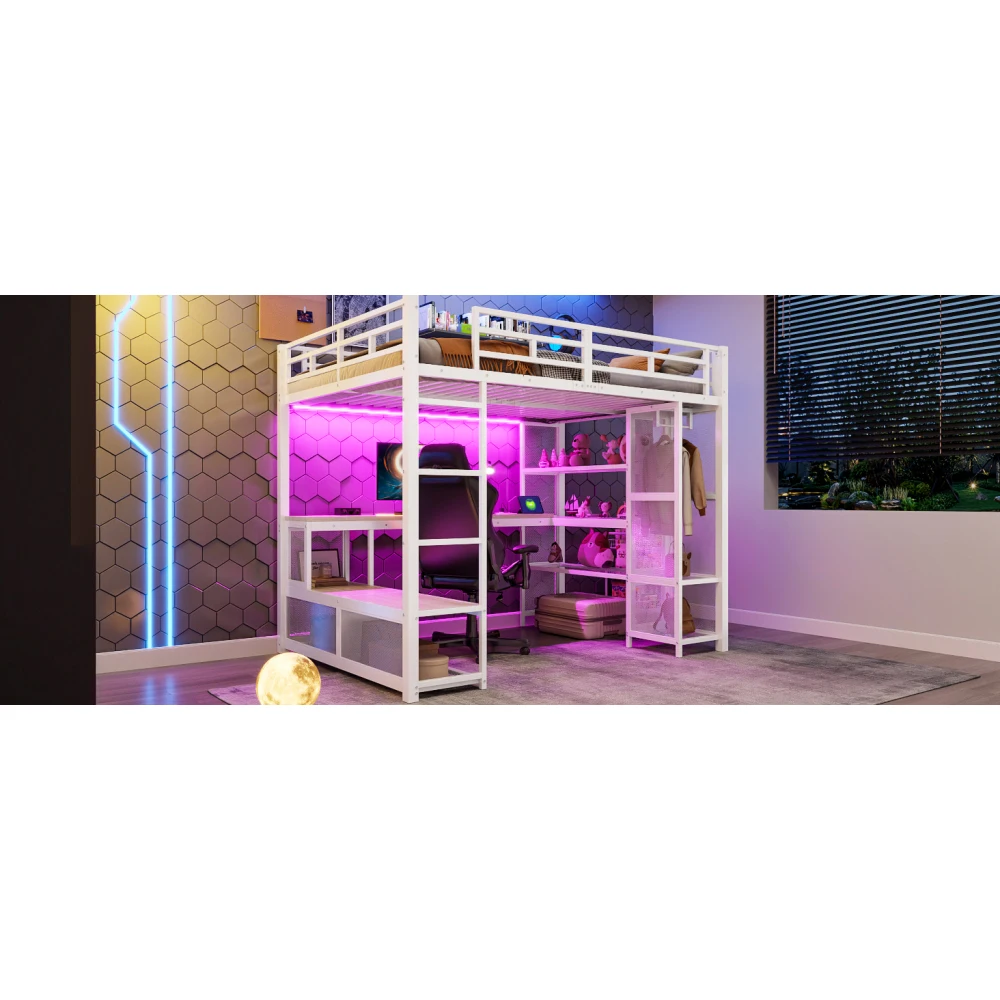 140 x 200 cm großes Hochbett aus Metall mit Stauraum und offenem Kleiderschrank, Kinderzimmerbett mit USB-Anschluss und LED-Beleuchtung, Schwarz/Weiß – Detail 25