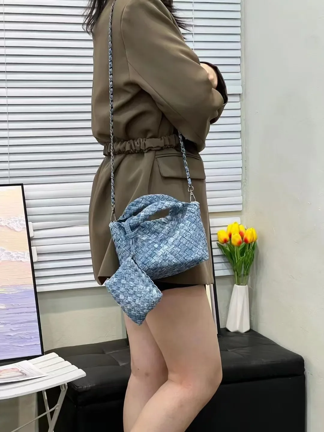 

Luxury Designer Mini Bag for Women SOFT Versatile Unique Woven Tote Handbag Denim Striped Crossbody Fashion