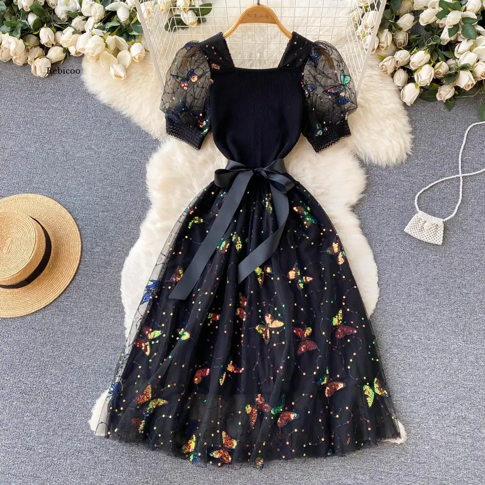 

Dress High-Grade Bubble Sleeve Dress Summer Women's French Style Waist Trimming Printing Bow Square Collar A- line Dress