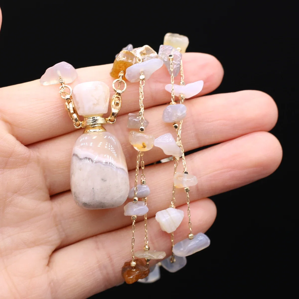 Natural Sakura Agate Perfume Bottle Necklace Charms Women Essential Oil Diffuser Pendant Necklace for Jewerly Party Gift