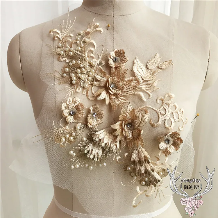 Beaded 3D Flowers Pearl Embroidery Patch Costume For Wedding/Evening Dress Clothing Sew On Patches Floral Lace Fabrics Applique