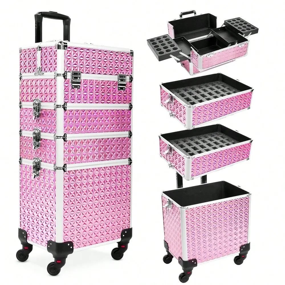 

Большой косметический чемодан-тележка 4-в-1 с колесами и ключом, вместительный дорожный кейс для макияжа, модель Salon B