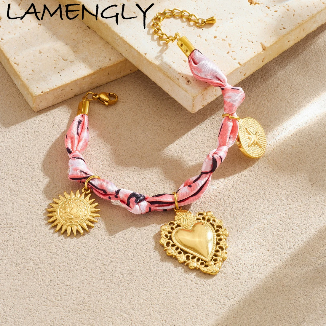 

LAMENGLY 316L Stainless Steel Pink Ribbon Retro Design Heart Fun Face Sun Star Charm Bracelet Women Personalized Jewelry Gift