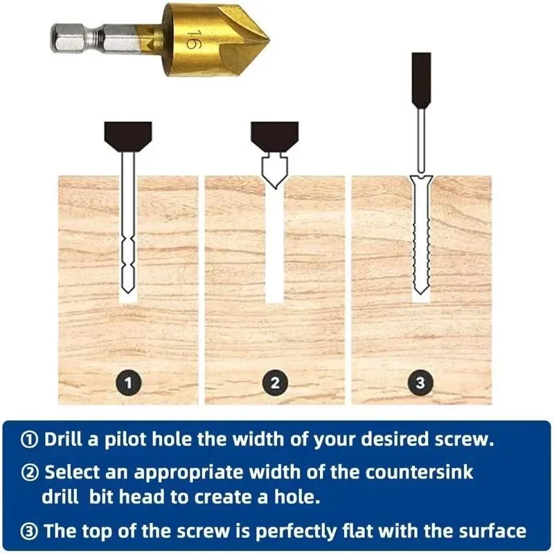 3/6pcs Countersink Drill Bit Set 1/4\'\' Hex Shank HSS 5 Flute Countersink 90 Degree Wood Chamfering Cutter Chamfer 6mm-19mm