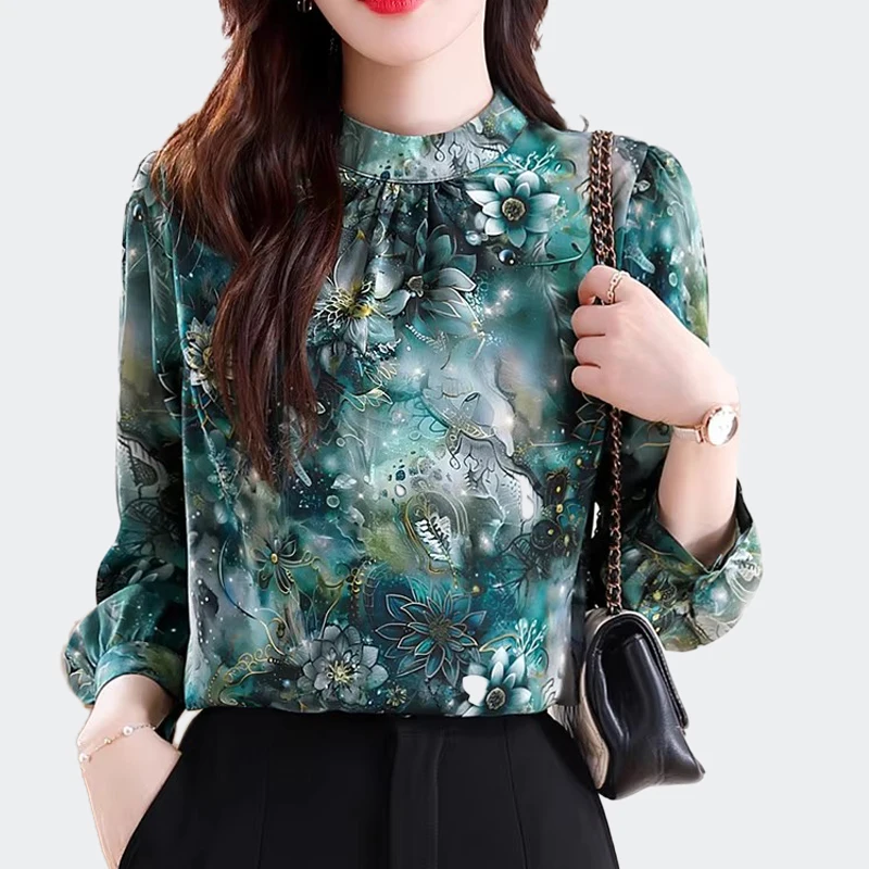 

Long Sleeve Printed Shirts For Women Elegant Loose Blouses Women Casual Spring Summer Stand Collar Basic Tops Pullover