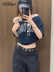 Nibber Oversized T-shirts Women Casual Letter Print Off Shoulder Short Sleeve Classic Wild Tees Female Summer Basic Streetwear