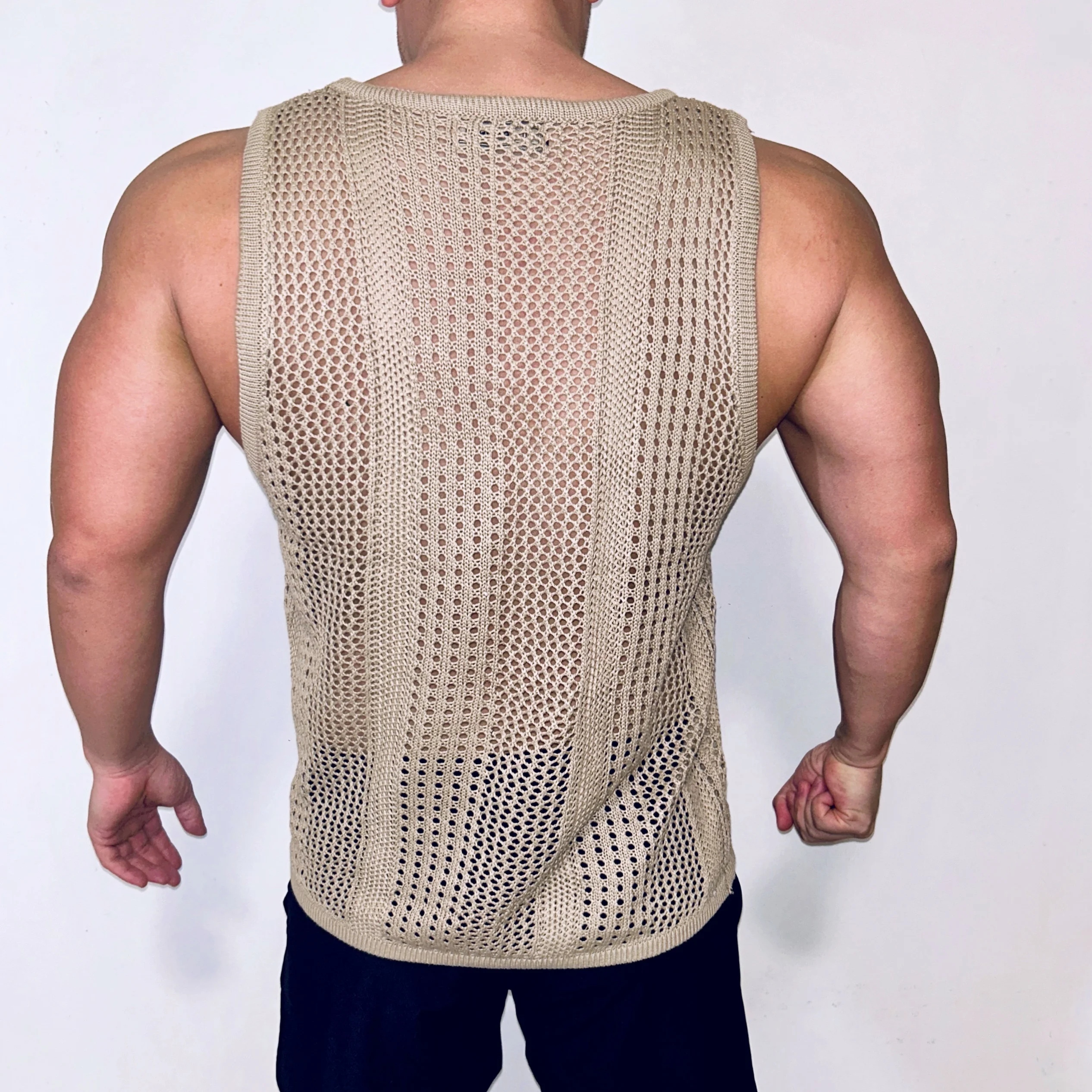 New Khaki Color Hollowed Out Vest For Men's Loose Fitting Sports Breathable Fitness Muscles Sleeveless Knitted Camisole Trend