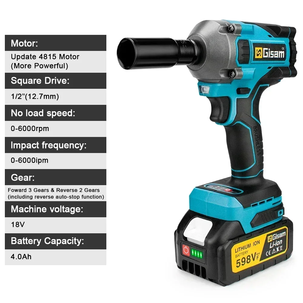 Gisam 1000N.M Torque Brushless Electric Impact Wrench 1/2 Inch Lithium-Ion Battery Cordless Power Tool For Makita 18V Battery