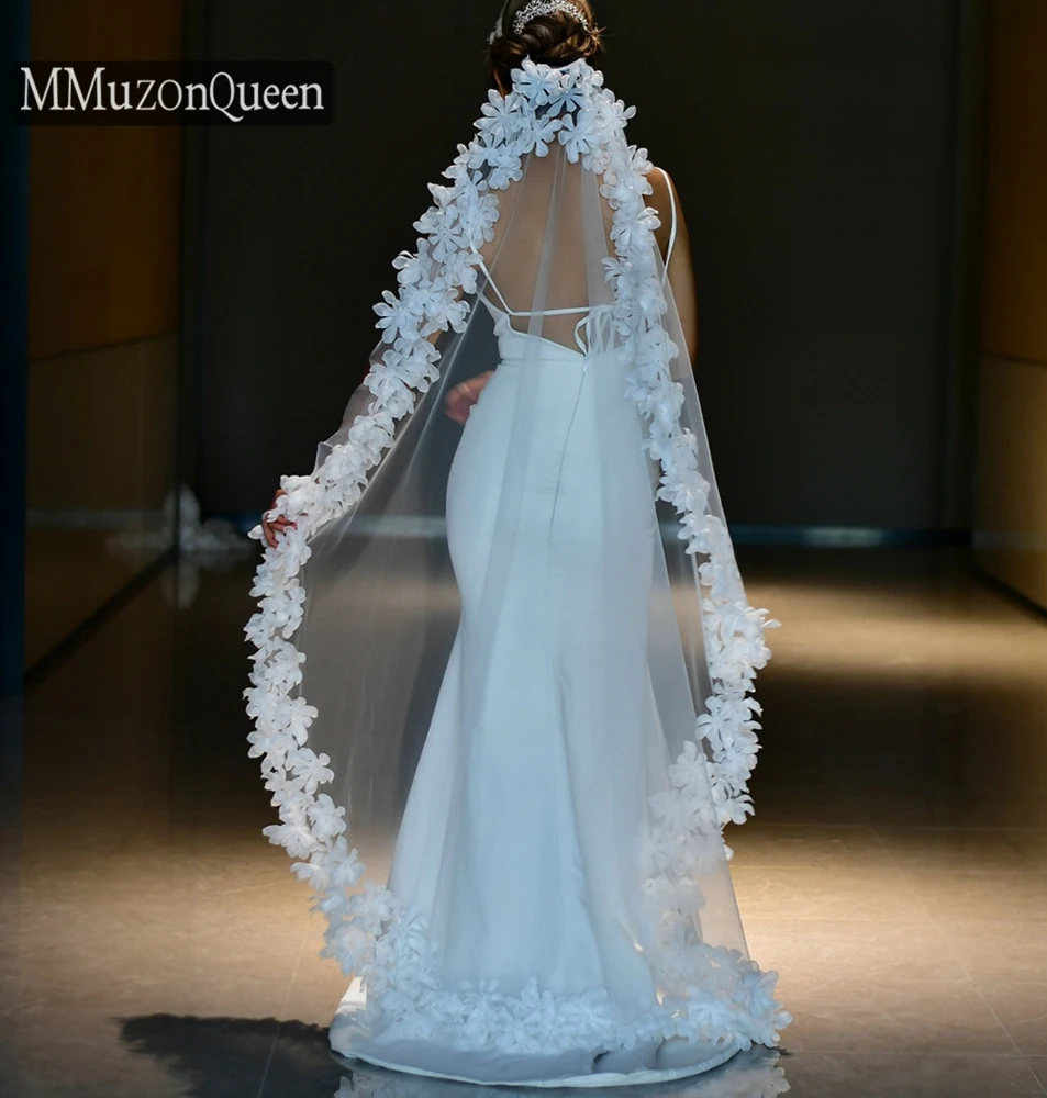 

Свадебная фата TOPQUEEN Romantic 3D с цветочным узором из сетки, однослойная, без гребня, белая, мягкая, прозрачная, из тюля, модель M97