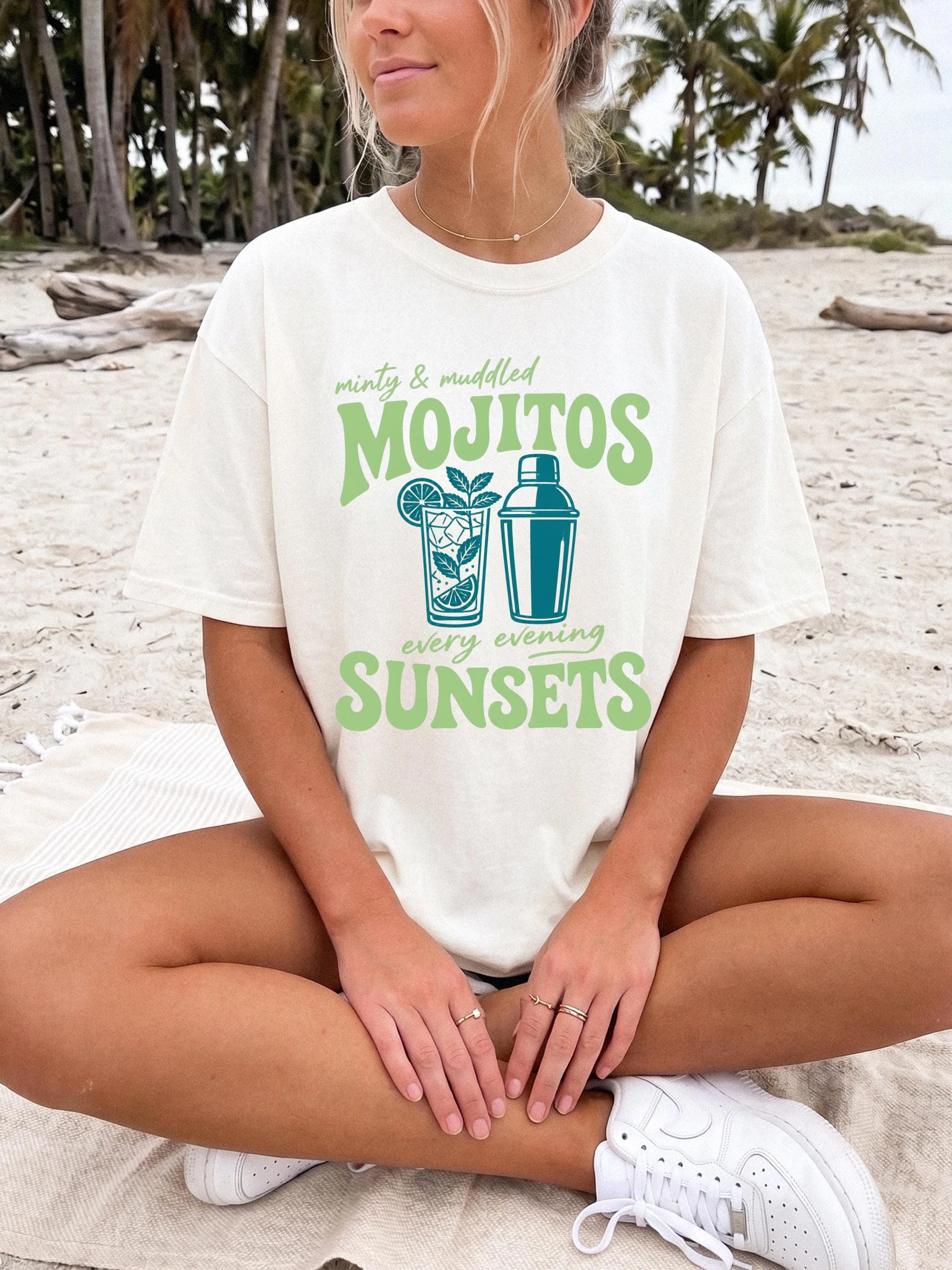 Mojitos & Sunsets Graphic Tee, Summer Vacation Shirt, Retro Cocktail Beach Top