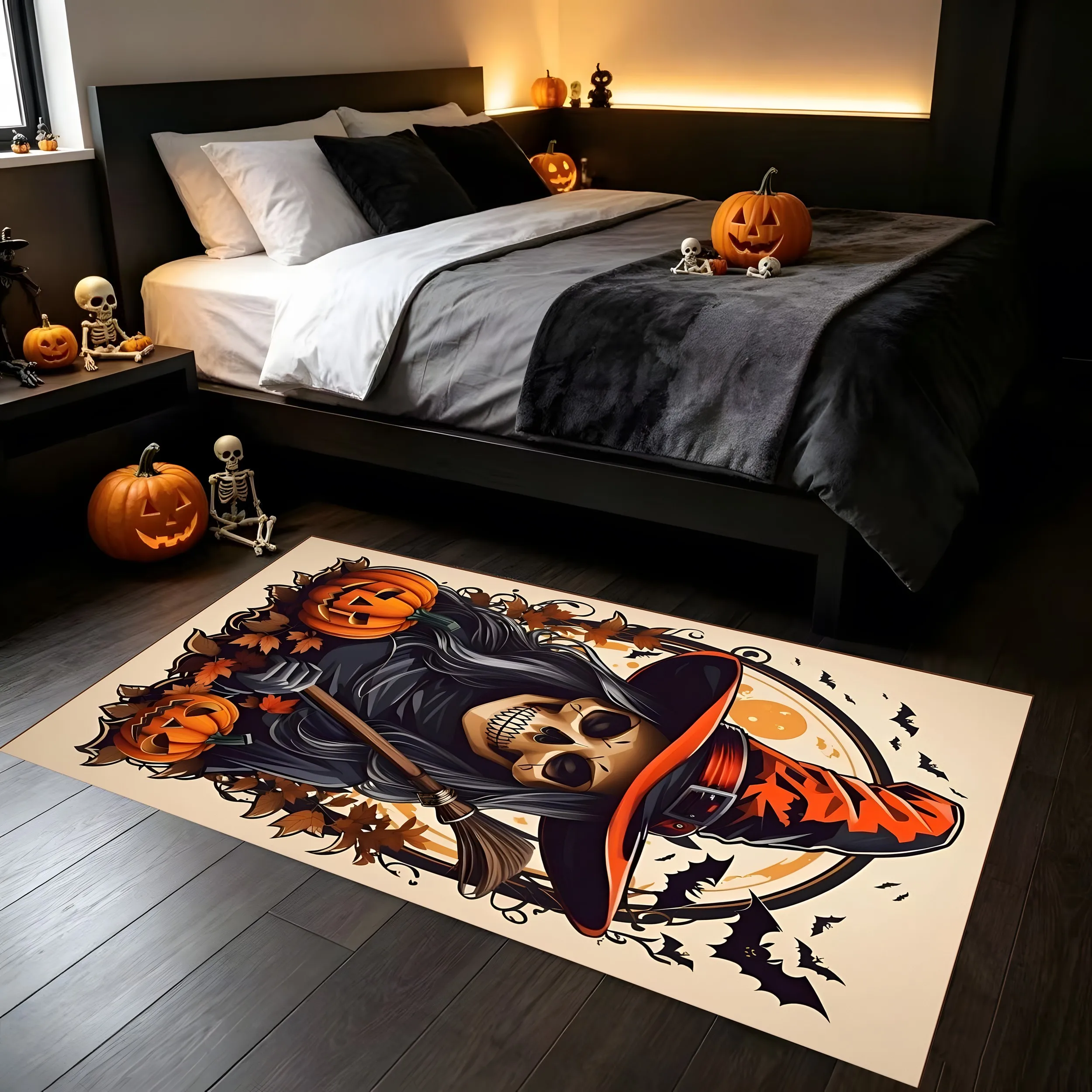 Velvet Skull Witch Pumpkin Bat Dark Halloween 2D Rug for Living Room, Entryway and Party, Warm
