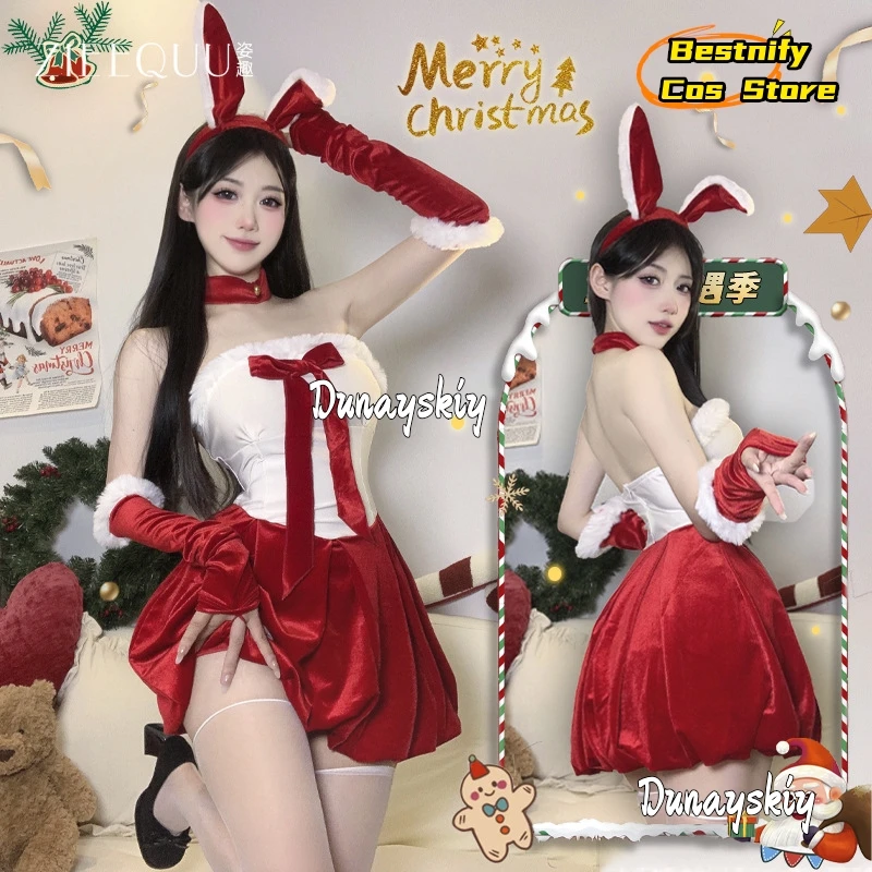 2025 Christmas Outfit For Women Sexy New Year Holiday Dresse White Red Splicing Velvet Strapless Dress Spicy Girl Fluffy Uniform