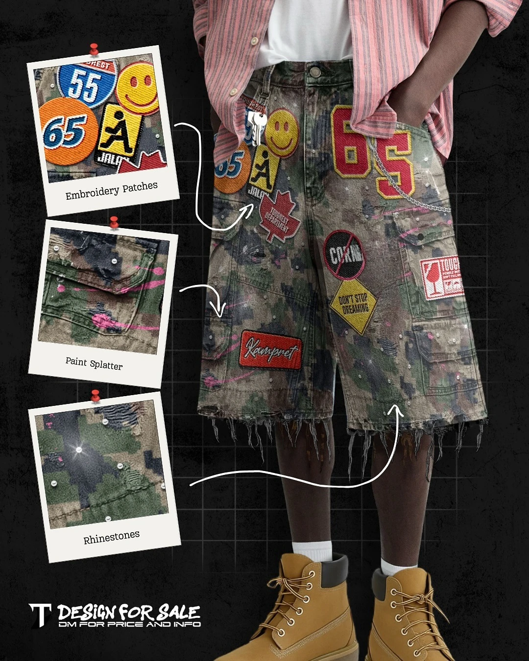 Vintage camouflage broderie Patch Denim court Y2K jean hommes femmes Hip Hop dessin animé graphiques Streetwear ample Denim Shorts décontracté és