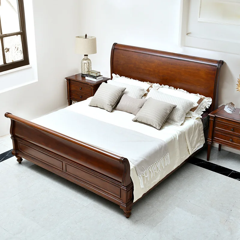 Solid wood French wedding bed Cherry wood sleigh Master bedroom Antique double bed