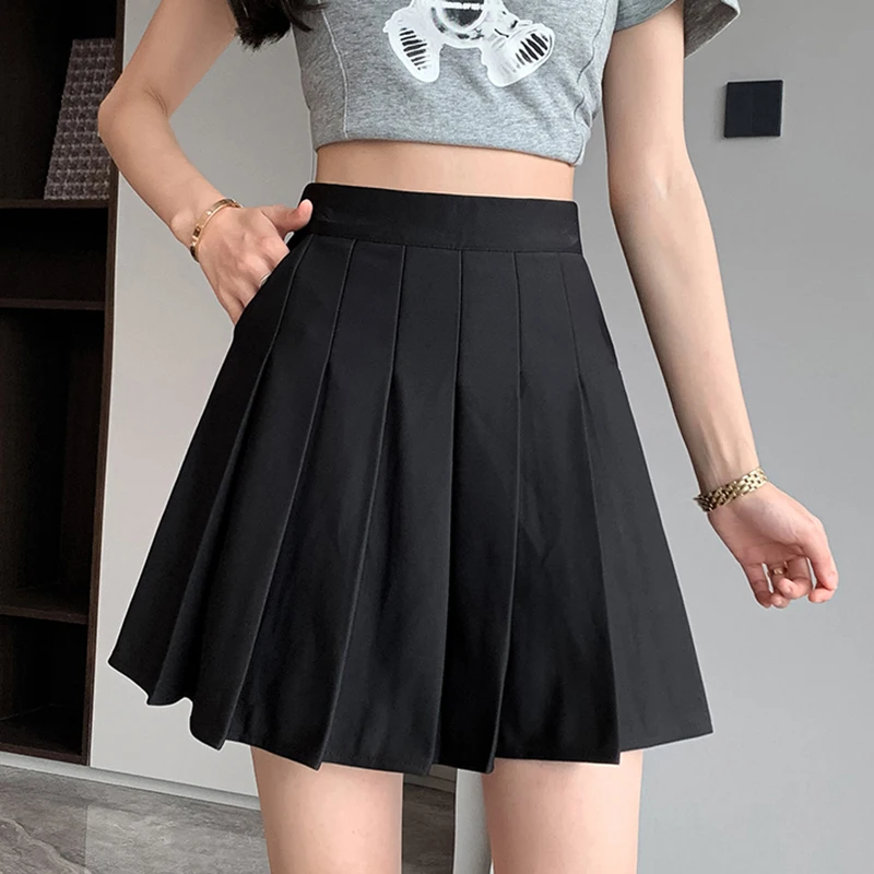 Lucyever Black Gray Pleated Skirt Women Summer Preppy Style Uniform Jk Mini Skirt Girl Elastic High Waist Pocket A-Line Skirts