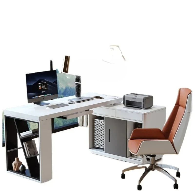 

ZF Simple White Desk Solid Wood Table Cabinet Integrated Retractable Corner Computer