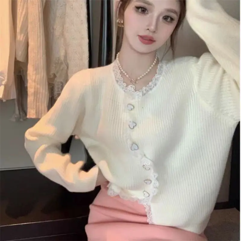 Korean Irregular Lace Patchwork Knitting Cardigan Coat Women Autumn Sweet All-match Sweater O-neck Solid Color Knitwear Tops