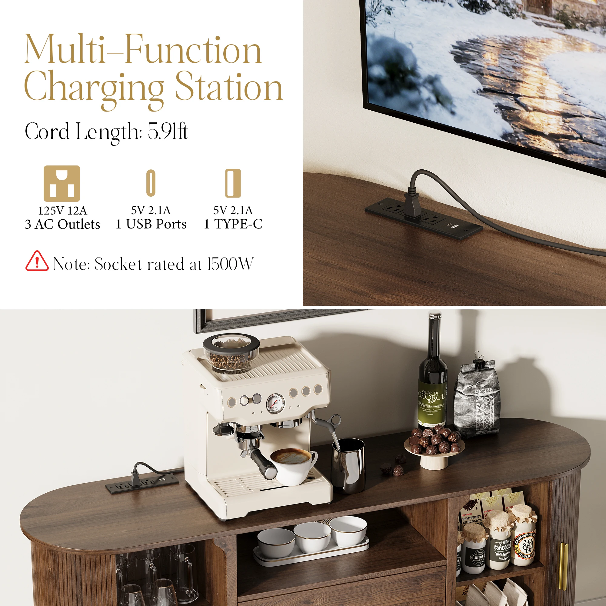 Sideboard Storage Cabinet 60 Inch Fluted, Modern TV Console Media Console with 2 Drawers and Sliding Door, Wooden Entertainment Center for Living Room Bedroom Hallway Entryway Kitchen