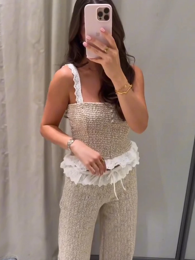 Beige Lace Trim Two-piece Set Women Chic Cute Eyelet Strap Camisole Wide Leg Long Pants Sets Lady Parisian Style Outfit Suits