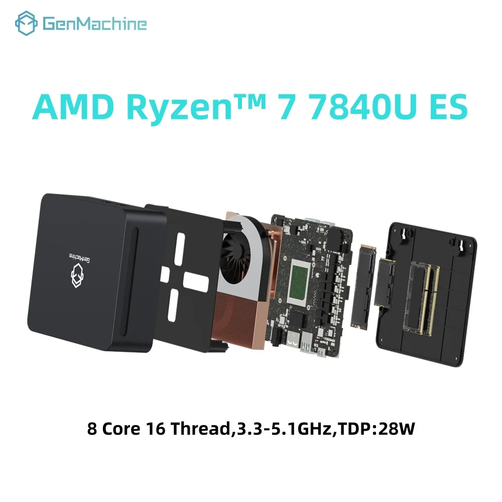 WIFI6 Mini Pc Computer da gioco fai da te GenMachine Ryzen AMD Ryzen 7 7840U ES, 8 Core 16 Thread, 3.3-5.1GHz,TDP: 28W LPDDR5 24G 6400Mhz