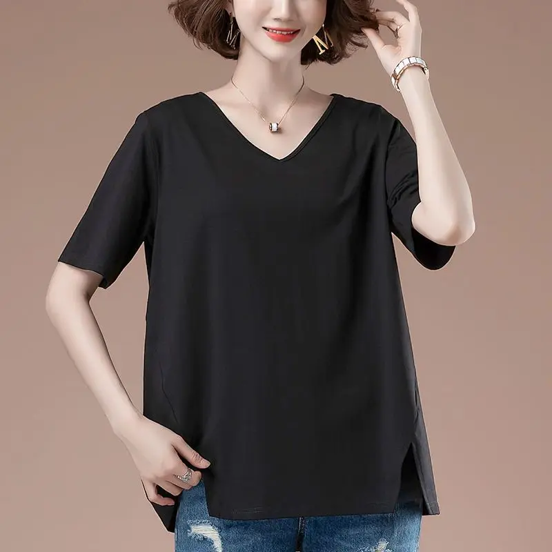 

Fashion V-Neck Korean Asymmetrical Blouse Women's Clothing 2023 Summer New Oversized Casual Pullovers Loose Short Sleeve Shirt