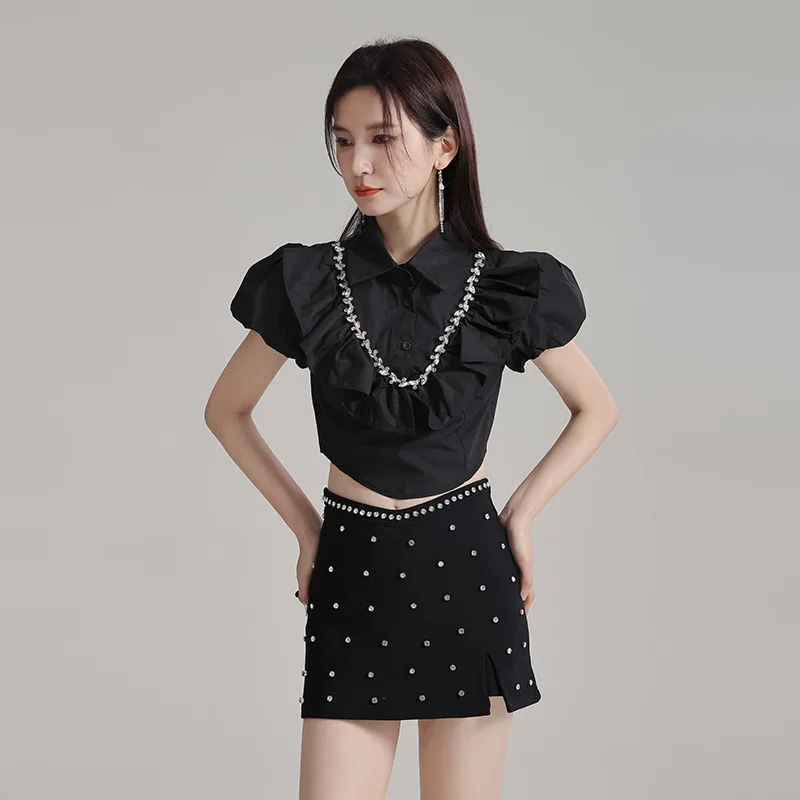 Tannt Women Shirt Edible Tree Fungus Patchwork Puff Sleeve Short  Blouses Tops Black White Summer Short Shirt Blouses 2024 New