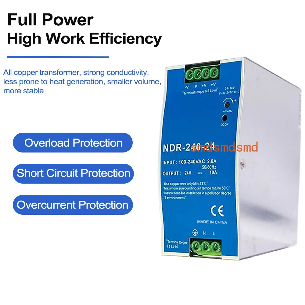 NDR 240W 24V 48V Industrial DIN Rail Type Single Group Output Transformer 240VAC Switching Power Supply