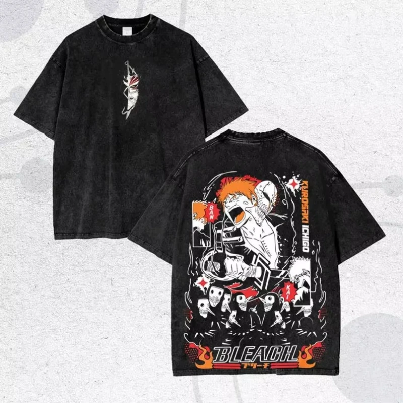 Bleach Kurosaki Ichigo Anime T‑shirt Washed Vintage Print Unisex O‑neck Short Sleeve Oversized Harajuku Streetwear Tees Tops
