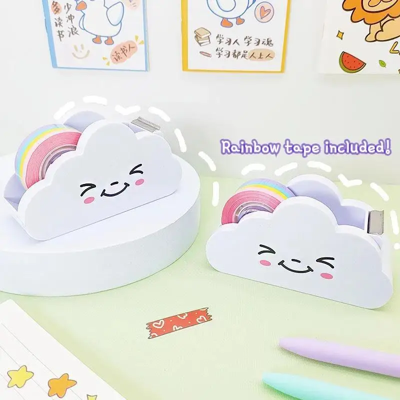 1pc Leuke Wolkvormige Tape Dispenser met 25m Regenboog Tape Set Handgemaakte Desktop Tape Cutter Express Box Verpakkingsbenodigdheden Stati