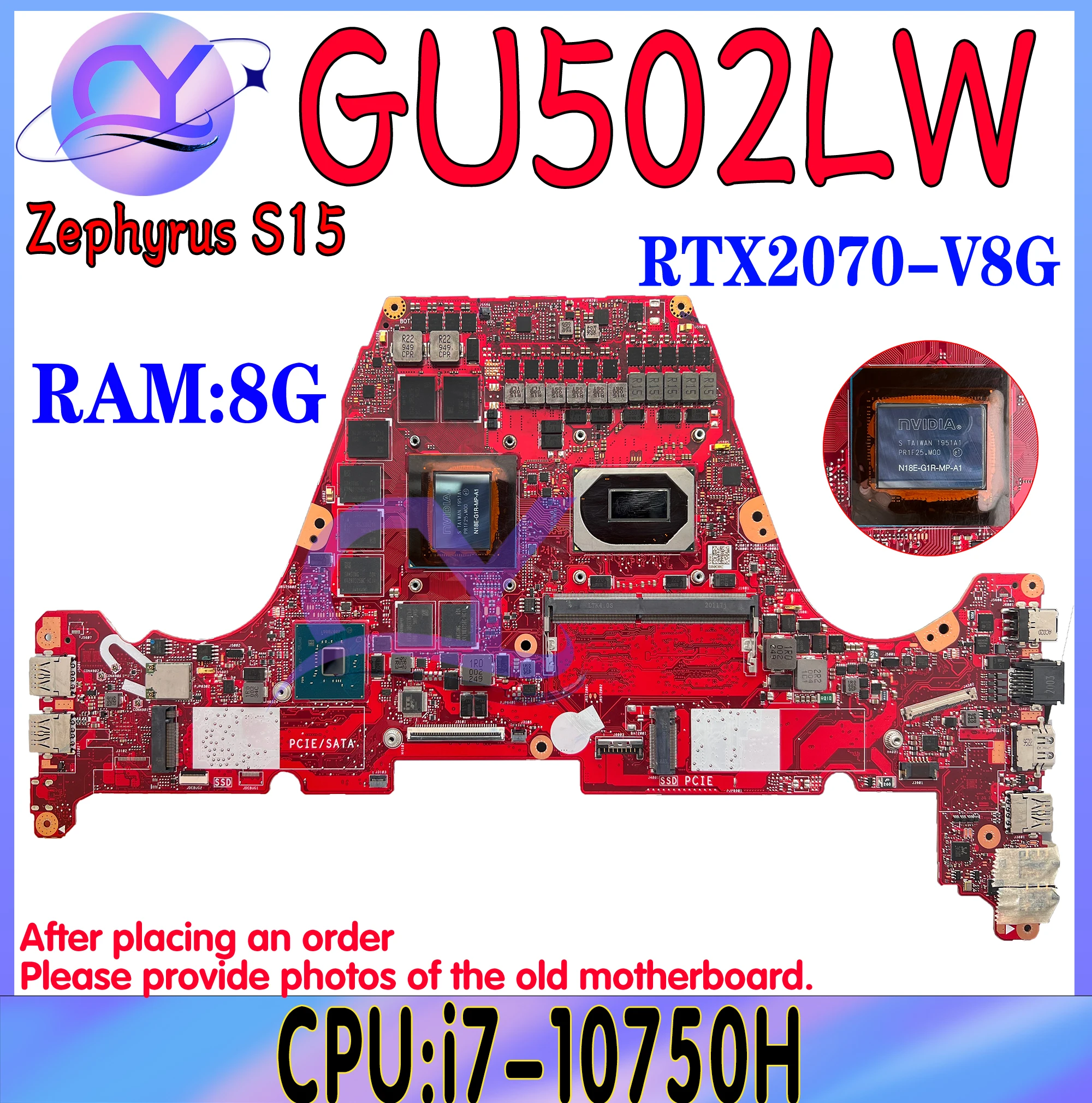 Carte Mère GX502LXS Pour ASUS Zephywarmer S15 GU502L GU502LV GU502LW GU502LU Carte Mère i7-10th 8G-RAM GTX1660Ti RTX2060/2070/2080