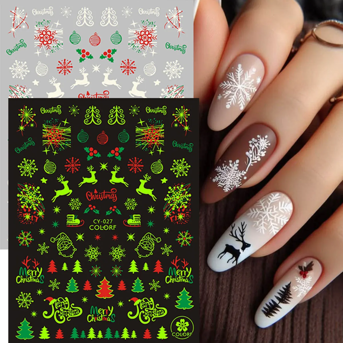 2pcs Glow In The Dark Christmas Nail Stickers, Luminous Self‑Adhesive Nail Art Decals Snowflake Holiday Manicure Decorations