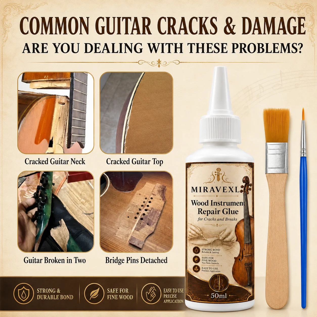 Wood Instrument Repair Glue 50ml Set Flat Brush Detail Brush for Guitar Violin Cello BridgeNeck Crack Fix Adhesive Kit Pack Pro image 2