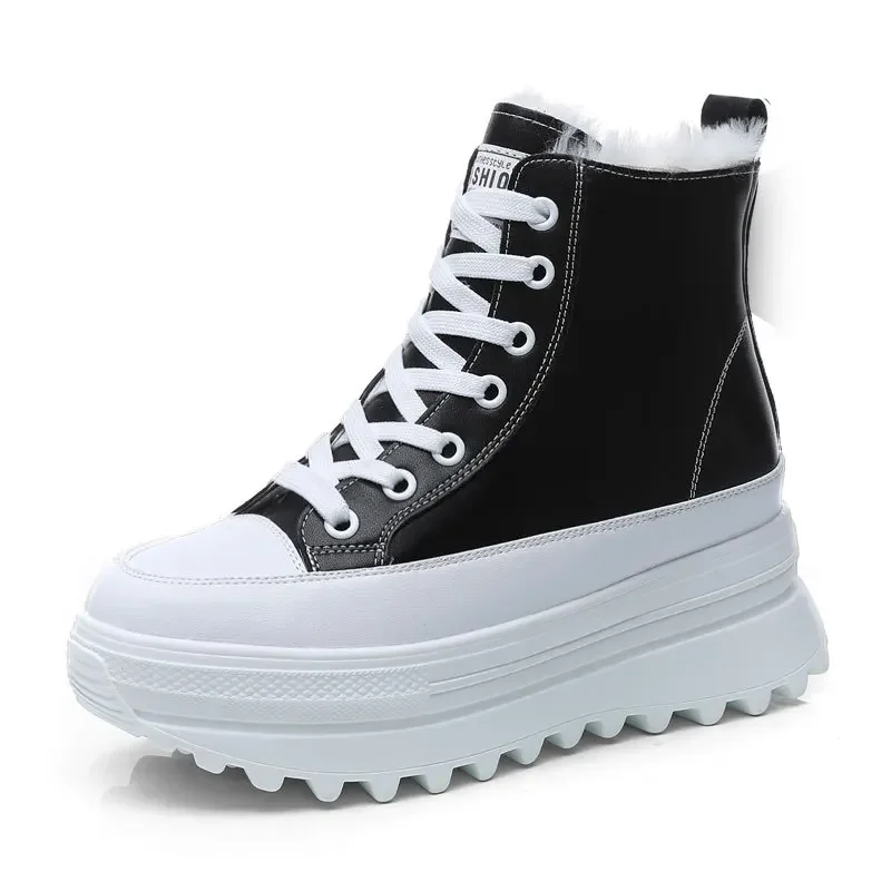 

Ботильоны из натуральной кожи 7 см, повседневные кроссовки на массивном каблуке, зимние плюшевые ботинки, весенне-осенняя женская обувь на танкетке и скрытом каблуке