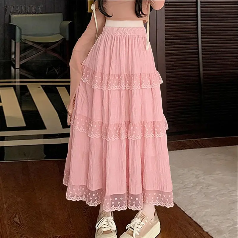 

Женская повседневная юбка с эластичной талией 2026 ZANZEA, летняя, с кружевными вставками, в стиле пэчворк, для отдыха, элегантная, А-силуэт, для офиса, повседневная, Faldas