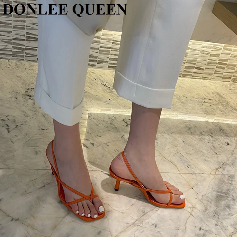 2022 New Summer Square Toe Slingback Sandals Narrow Band Gladiator Shoes Women High Heels Pumps Party Dress Shoes Sandales Mujer