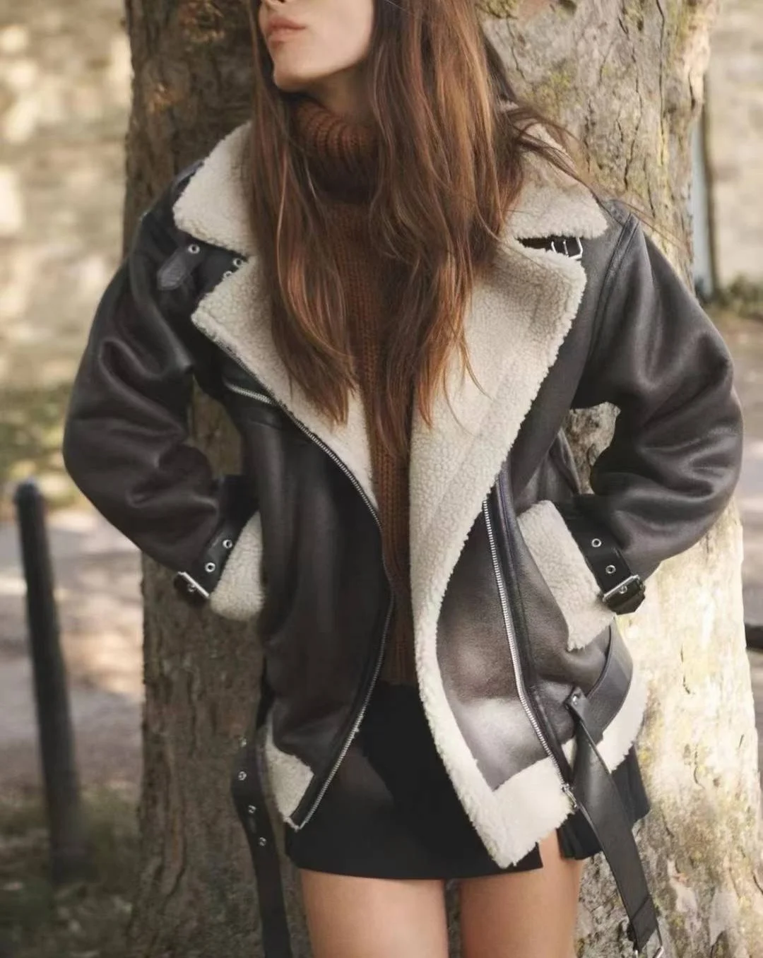 معطف نسائي فضفاض بياقة فضفاضة من الجلد والفراء على الوجهين معطف عتيق طويل Sve للدفء لفصول الخريف والشتاء