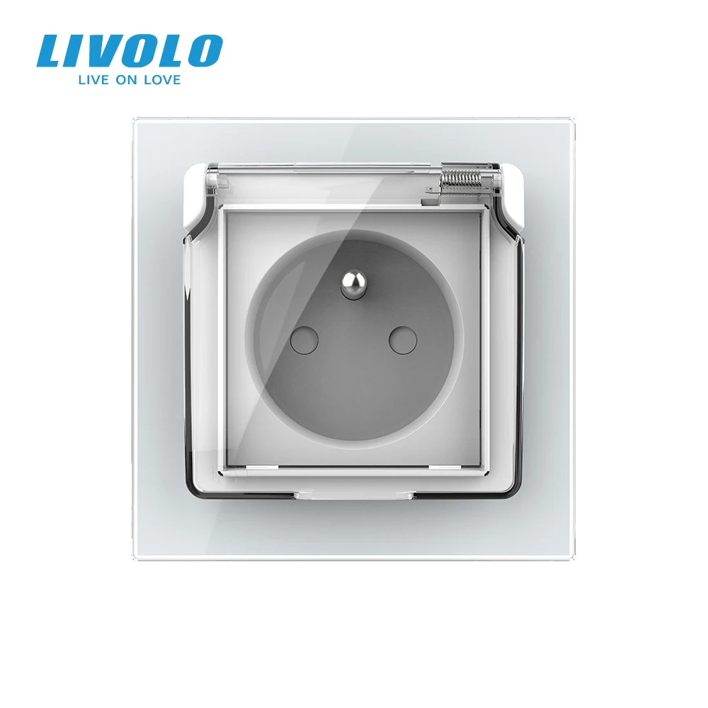 Livolo French Standard Power Socket,Crystal Glass Panel,3 Hold with Middle Pin,In-wall Plugs with Waterproof Cover Domotica