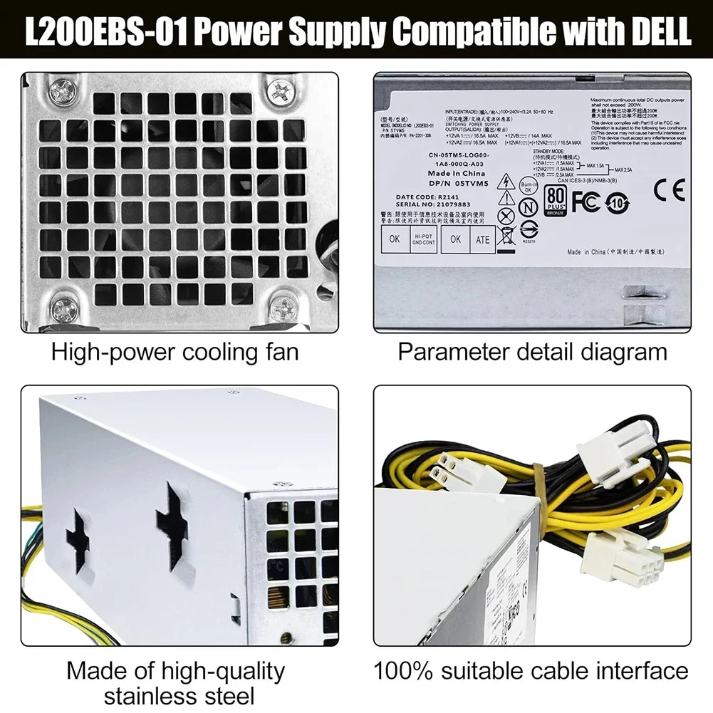 200W Internal Power Supply for Dell For Optiplex 7060 3080 5080 3060 5060 7050 3050M 3470 5090 7090 7080MT 5TVM5