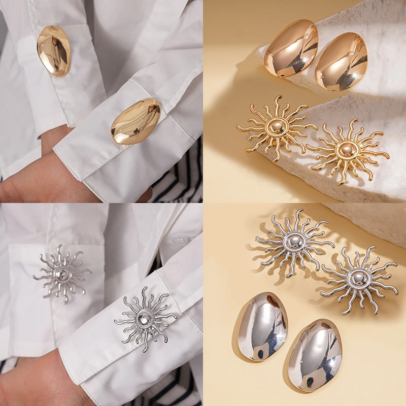 

4 Pcs Smooth Eggshell Sunflower Metal Brooches for Women Satin Texture Shirts Suit Cuff-link Buttons Daily Business Jewelry Sets